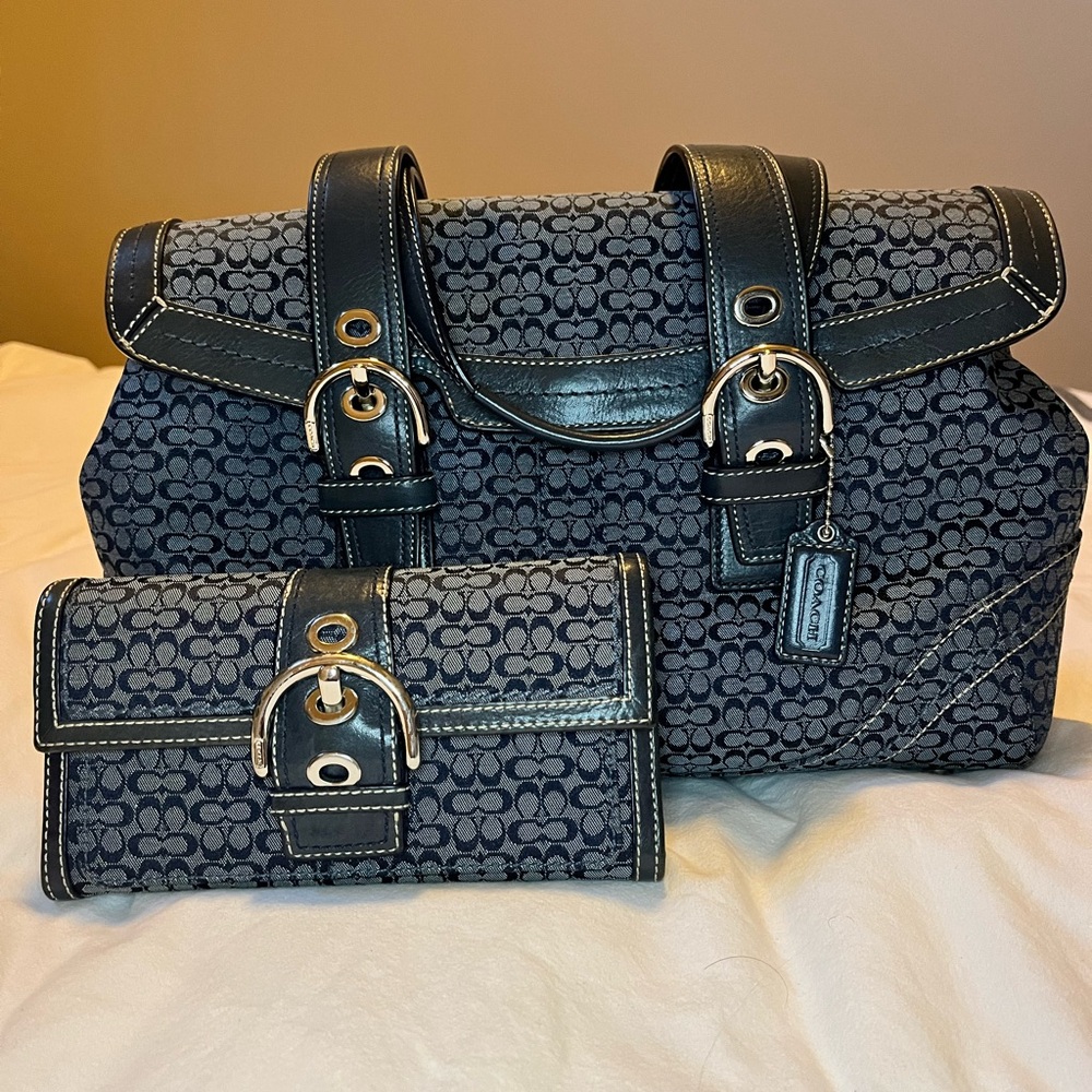 Coach SoHo Mini C with matching wallet (both blue jacquard)